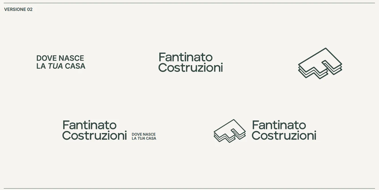Il marchio Fantinato Costruzioni: il segno dei tetti sovrapposti, il logotipo e il payoff "Dove nasce la tua casa" nelle varie composizioni.