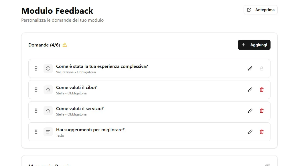 L’editor del modulo di feedback: il ristoratore personalizza le domande, dalla valutazione complessiva dell’esperienza alle stelle su cibo e servizio fino al campo suggerimenti.