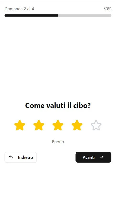 La valutazione a stelle del cibo nel modulo di feedback, vista da telefono.