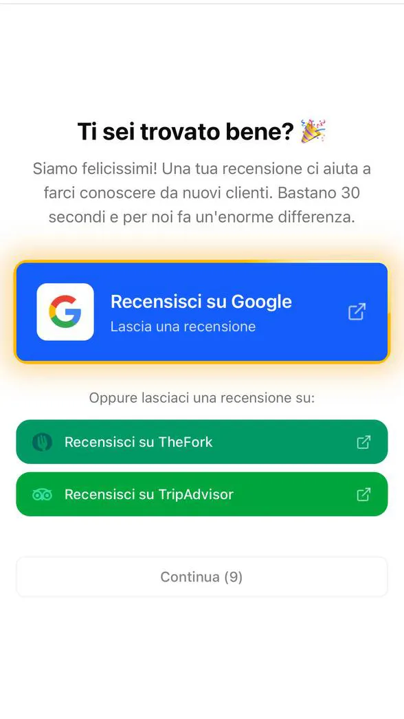 La schermata del percorso positivo: "Ti sei trovato bene?" con il pulsante "Recensisci su Google" e le alternative TheFork e TripAdvisor.