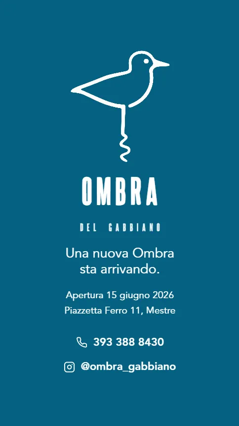 Il teaser di Ombra del Gabbiano: il gabbiano disegnato a linea sul fondo blu petrolio, con "Una nuova Ombra sta arrivando", la data di apertura e l’indirizzo a Mestre.