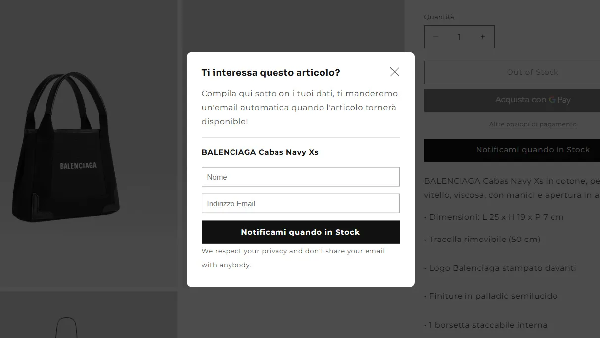 Il dettaglio delle taglie e delle informazioni di spedizione su una scheda prodotto 4stock.