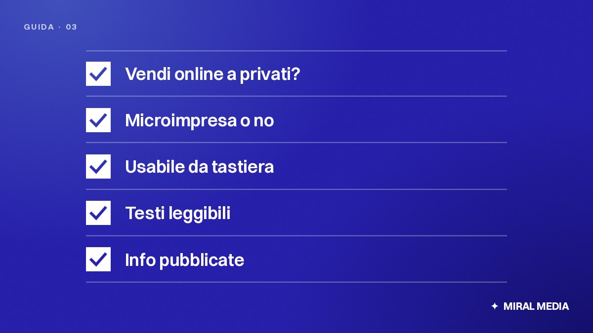 Da controllare: Vendi online a privati?, Microimpresa o no, Usabile da tastiera, Testi leggibili, Info pubblicate
